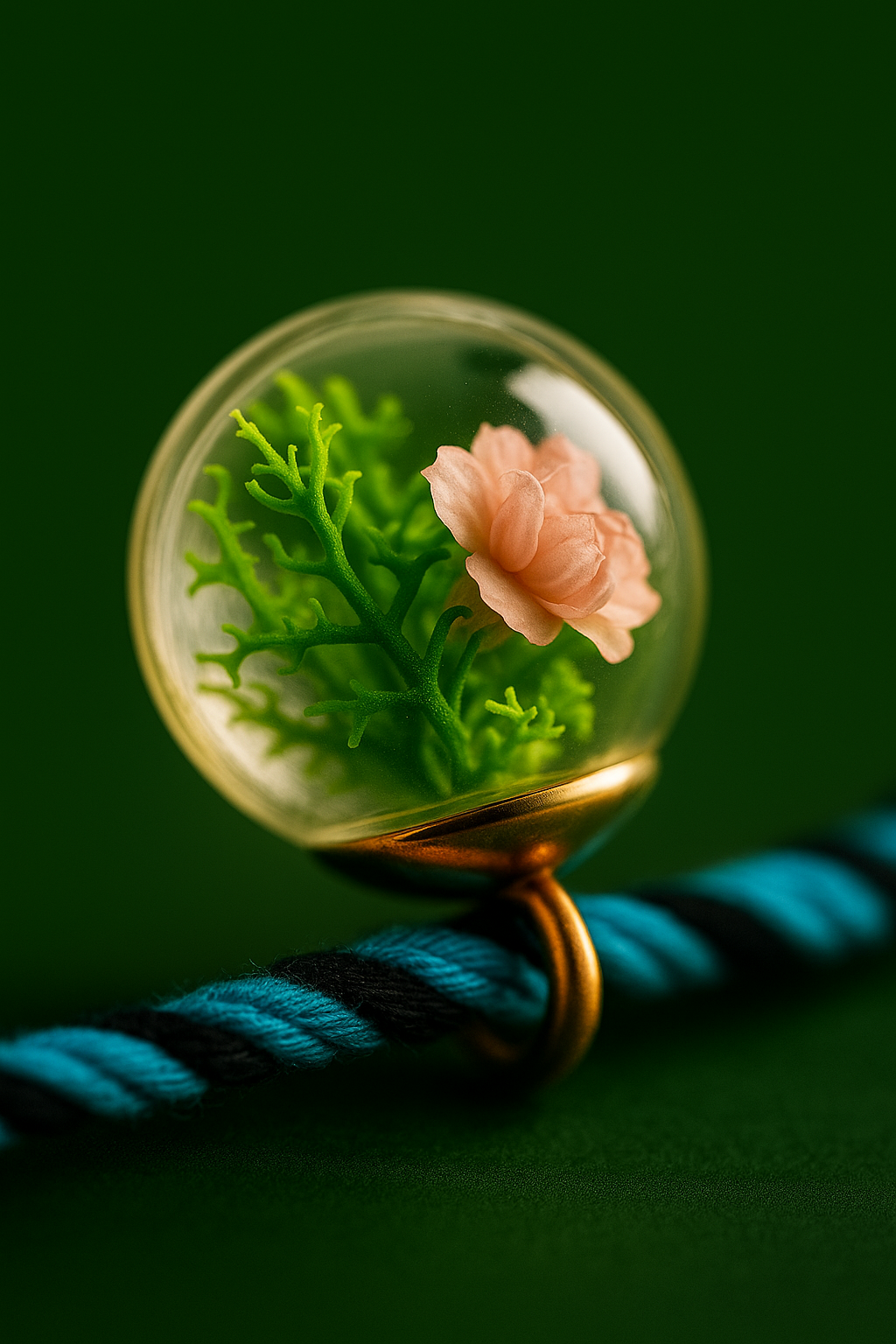 Forest Thread Rakhi — real preserved moss and pink flower inside a glass bead, golden thread