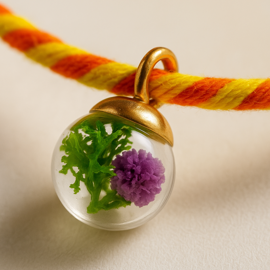 Forest Thread Rakhi — purple preserved flower inside glass bead, golden thread close-up