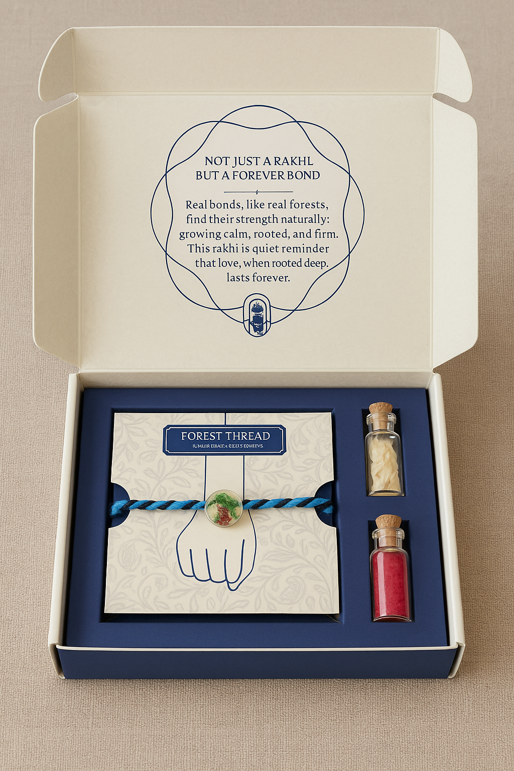 Forest Thread Premium Edition FRakhi03 — complete festive kit with Roli Chawal in glass bottles, ₹270